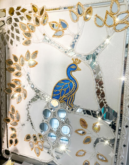 Peacock on a tree 24"x16" in gold and white