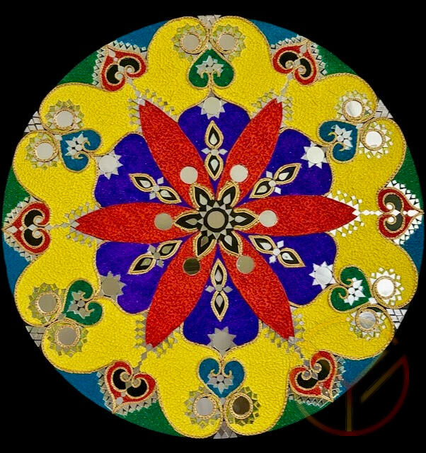Red Blue Flower - 24" circular acrylic and textured art on 1" thick wood panel.