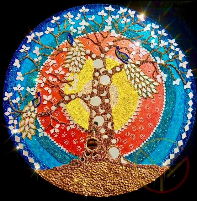 3 Peacocks - 18" circular, acrylic and textured art on 5mm thick wood panel.